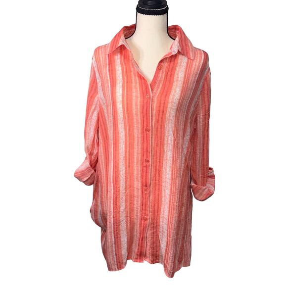 Robert Louis Tops - Robert Louis Striped Tunic Coastal Flowy Coral Blouse LG